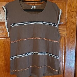 Cato Womens Brown Short Sleeve Top with Stripe Embroidery Size XL